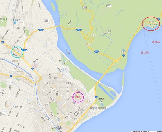 蓝色是我们住的民宿，右上角富冈渔港，紫圈四维夜市
